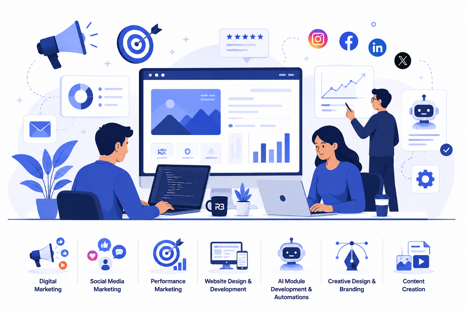 Digital campaign dashboards and creative assets produced by the R3 Square team